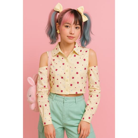 XS Pale Yellow Printed Cold Shoulder Button Down Crop Menswear Collared Blouse - Picture 1 of 7